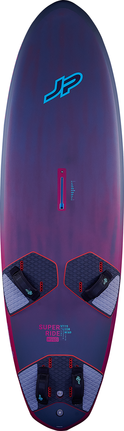 Blue and purple windsurf board with JP logo on a white background